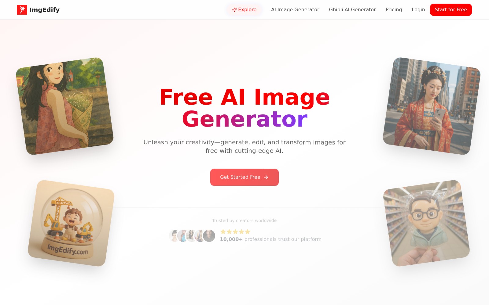 ImgEdify ImgEdify - Imgedify 提供了一种先进的 AI 图像生成器,可以轻松创建和增强各种风格的图像。
