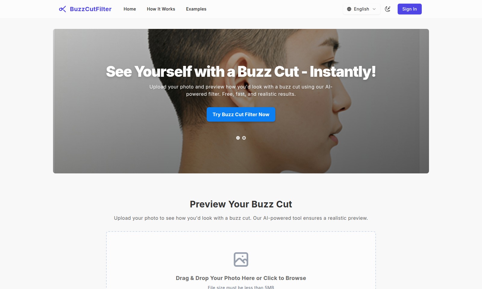 Buzz Cut Filter Buzz Cut Filter - BuzzCutFilter는 사용자가 사진을 업로드하고 AI 기술을 통해 즉시 버즈컷 스타일