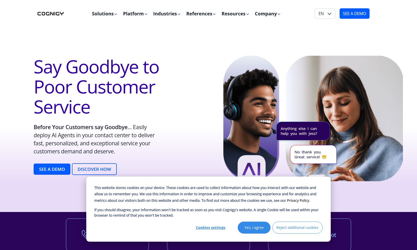 Cognigy Cognigy - Cognigy의 웹사이트는 개인화된 경험과 쿠키 사용을 통한 분석에 중점을 두고 AI 기반