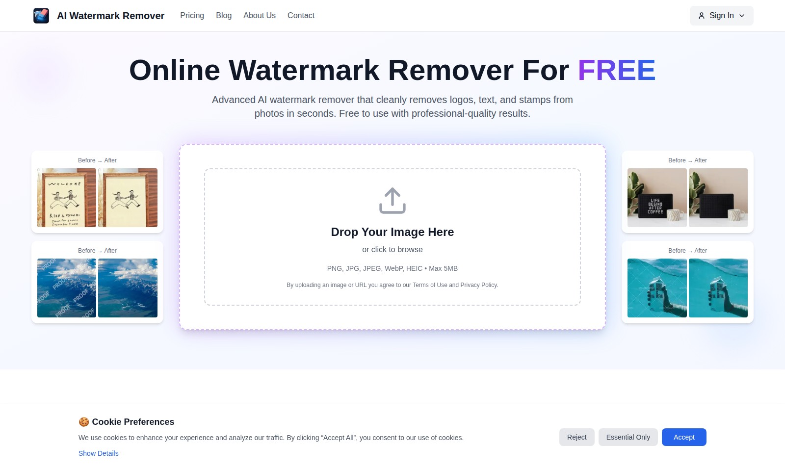 Ai Watermark Remover Ai Watermark Remover - 온라인 도구로 이미지에서 워터마크를 신속하고 효과적으로 제거하면서 원본 품질을 보존합니다.