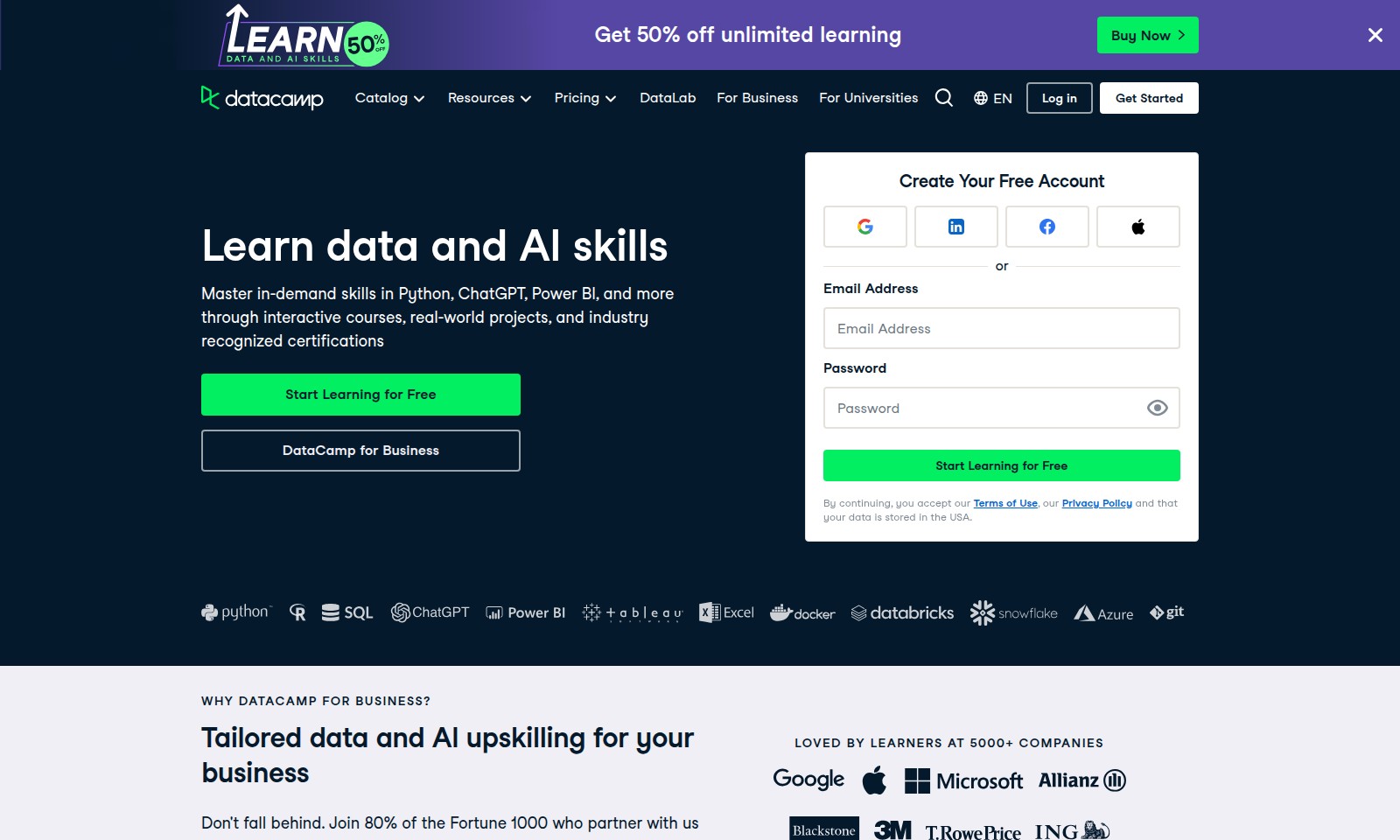 DataCamp DataCamp - 獲得 DataCamp 的無限制學習計劃 50% 折扣,專注於數據和人工智能技能。互動課程、實際項目