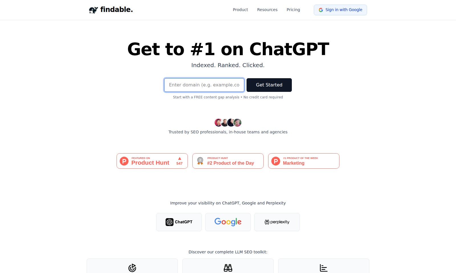 findable findable - Findable 提供 SEO 工具来优化和监控 AI 搜索可见性,提供改进在线存在的洞察和解决方案