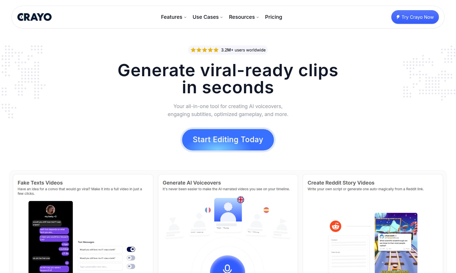 Crayo AI Crayo AI - Crayoは、ユーザーがバイラルに適したクリップを迅速に作成できるようにし、AI音声オーバー、動画編