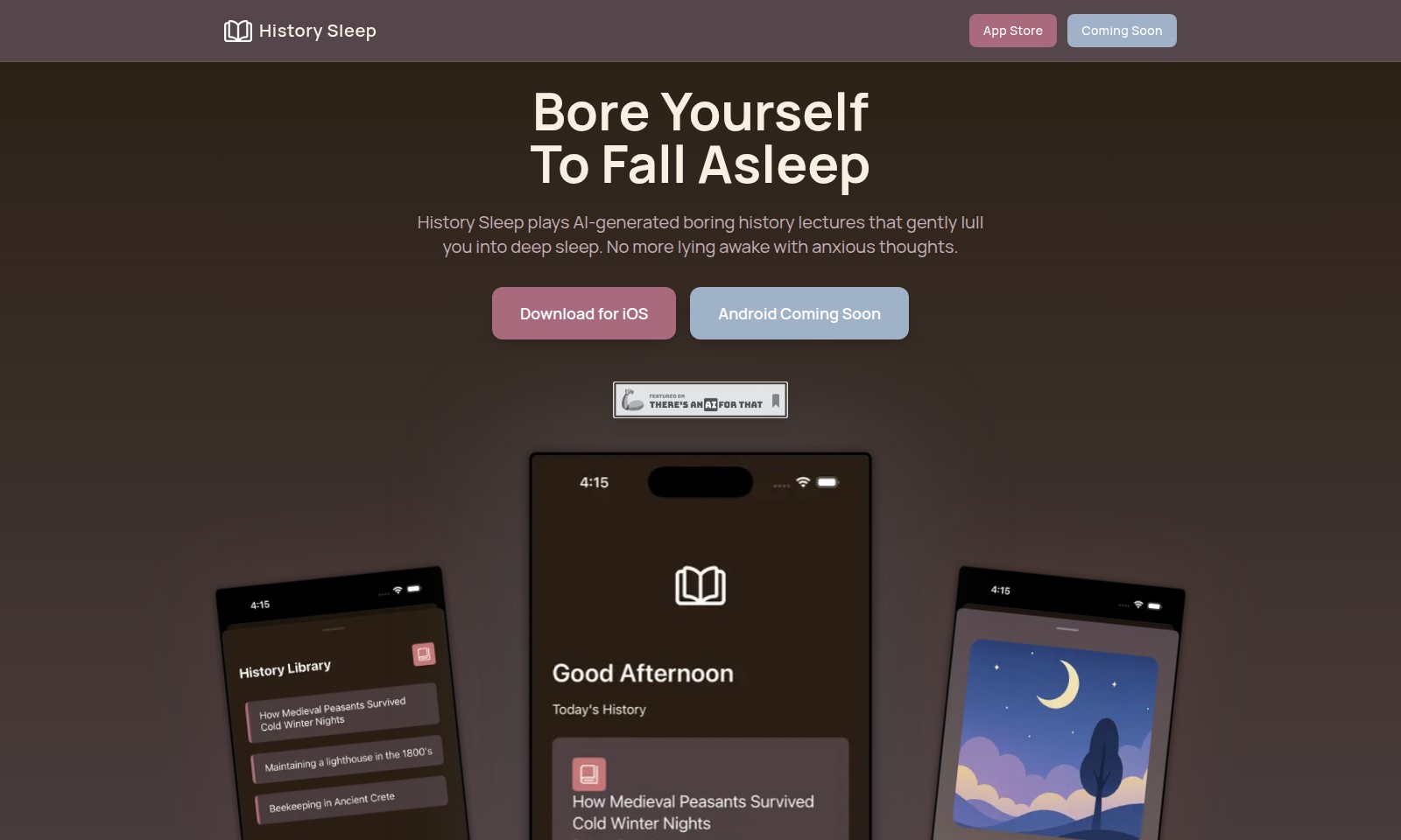 History Sleep History Sleep - History Sleep는 사용자가 평온한 내레이션과 배경음악으로 잠이 들 수 있도록 돕는