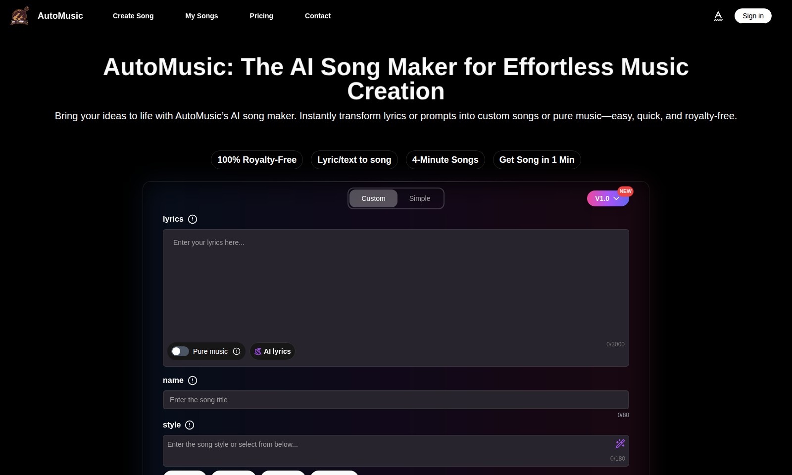 AI Song Maker AI Song Maker - AutoMusic ist ein KI-Tool, das es Benutzern ermögl