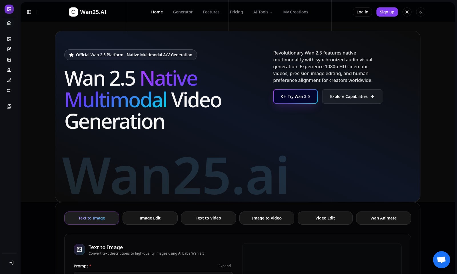 Wan 2.5 Wan 2.5 - Wan25.AIは、テキスト、画像、音声を組み合わせた多モードコンテンツ作成を提供し、高品質の108