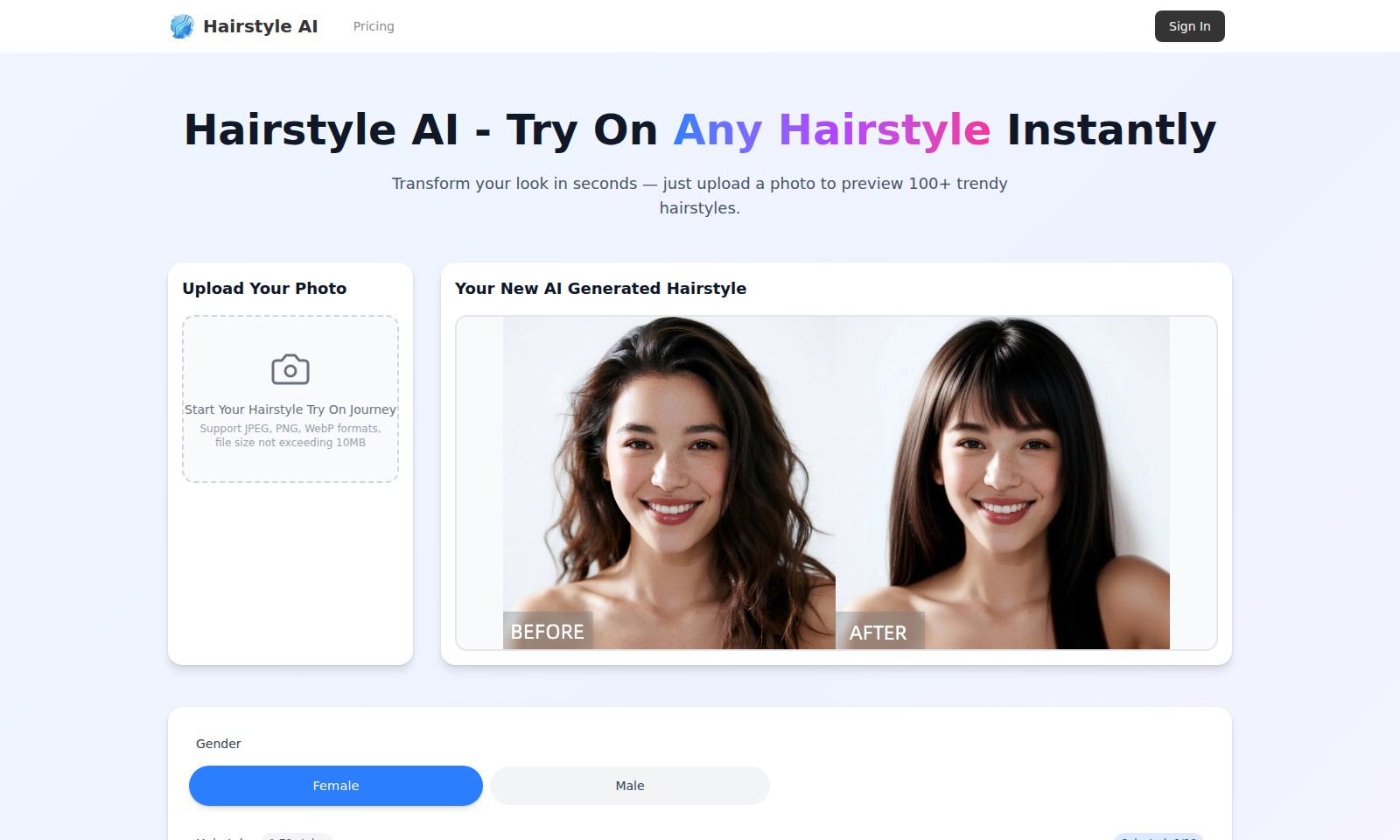 Hairstyle AI Hairstyle AI - ヘアスタイルAIでは、ユーザーが写真をアップロードし、さまざまなヘアスタイルや色を仮想的に試すことが