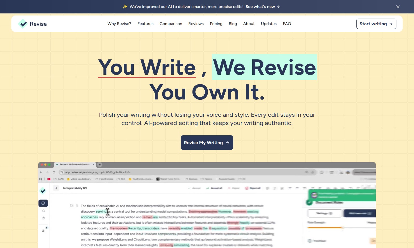 Revise Revise - Revise 透過人工智能編輯幫助作家,維持他們的聲音,提供對編輯的完全控制、客製化風格和便捷協作。