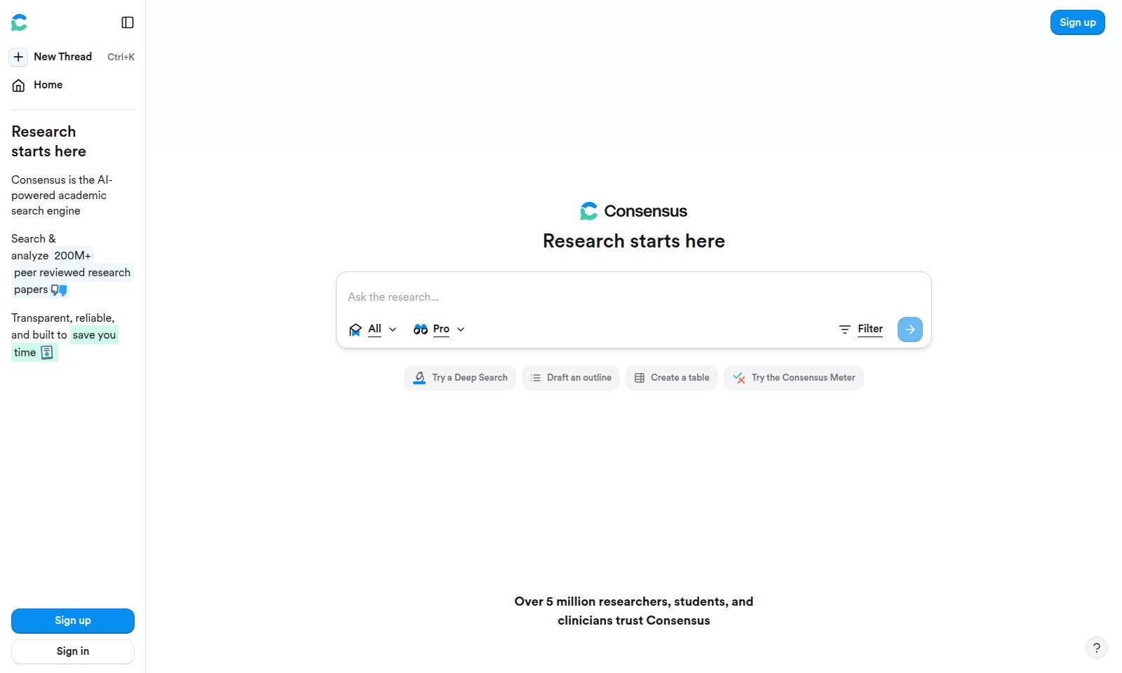 Consensus Consensus - コンセンサスは、学生や研究者向けに特化した査読済み学術研究の発見と分析を促進するAI駆動の検索エンジ