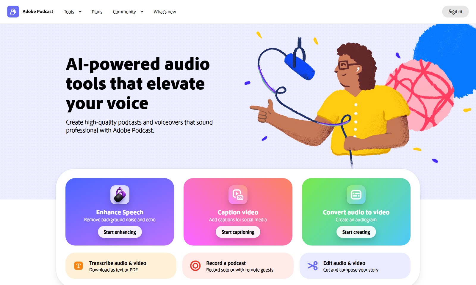 Adobe Podcast Adobe Podcast - Adobe Podcastは、オンラインでシームレスに音声を録音、編集、強化するためのAI駆動ツール
