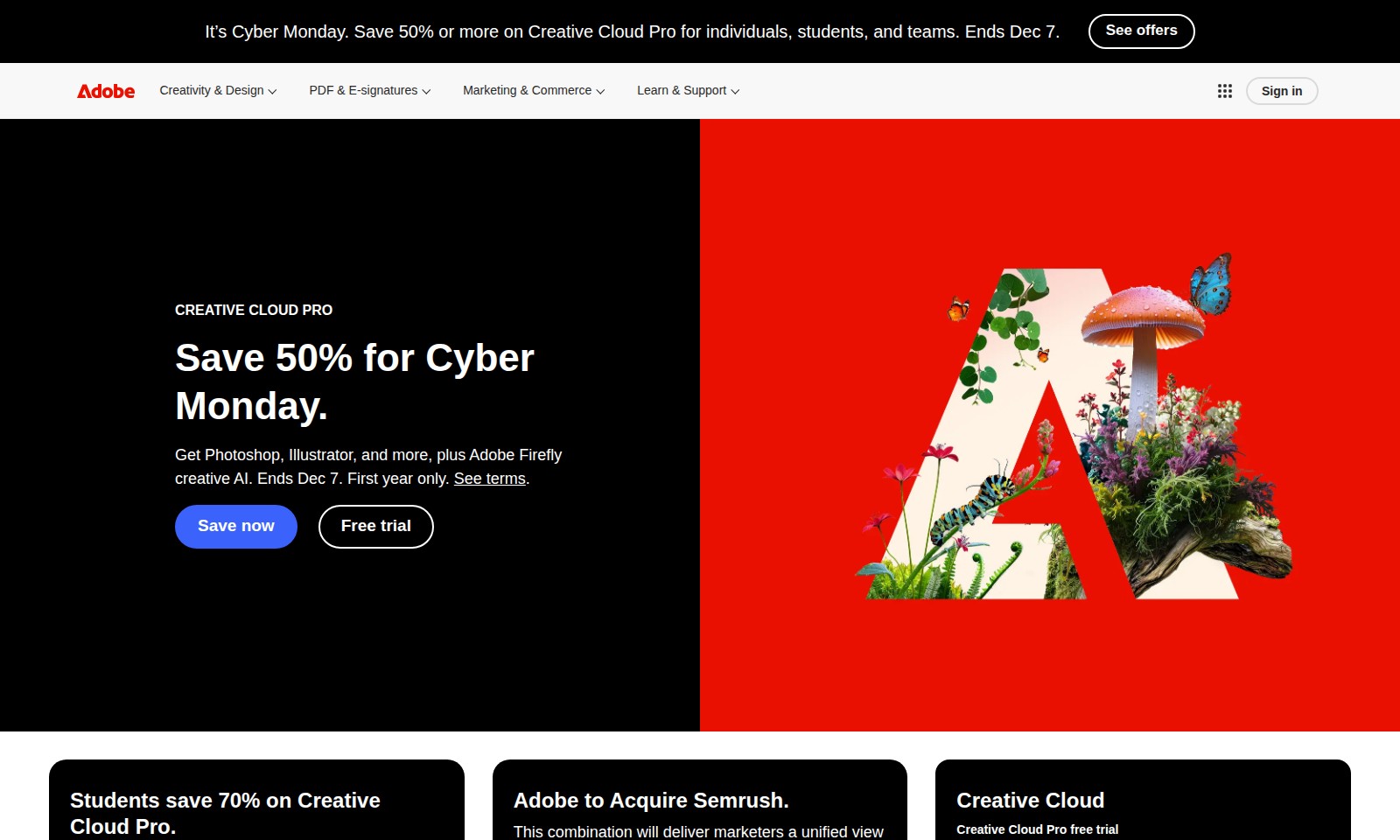 Adobe Adobe - 크리에이티브 클라우드 프로에서 절약하고 사이버 먼데이 세일 동안 포토샵과 아크로뱃과 같은