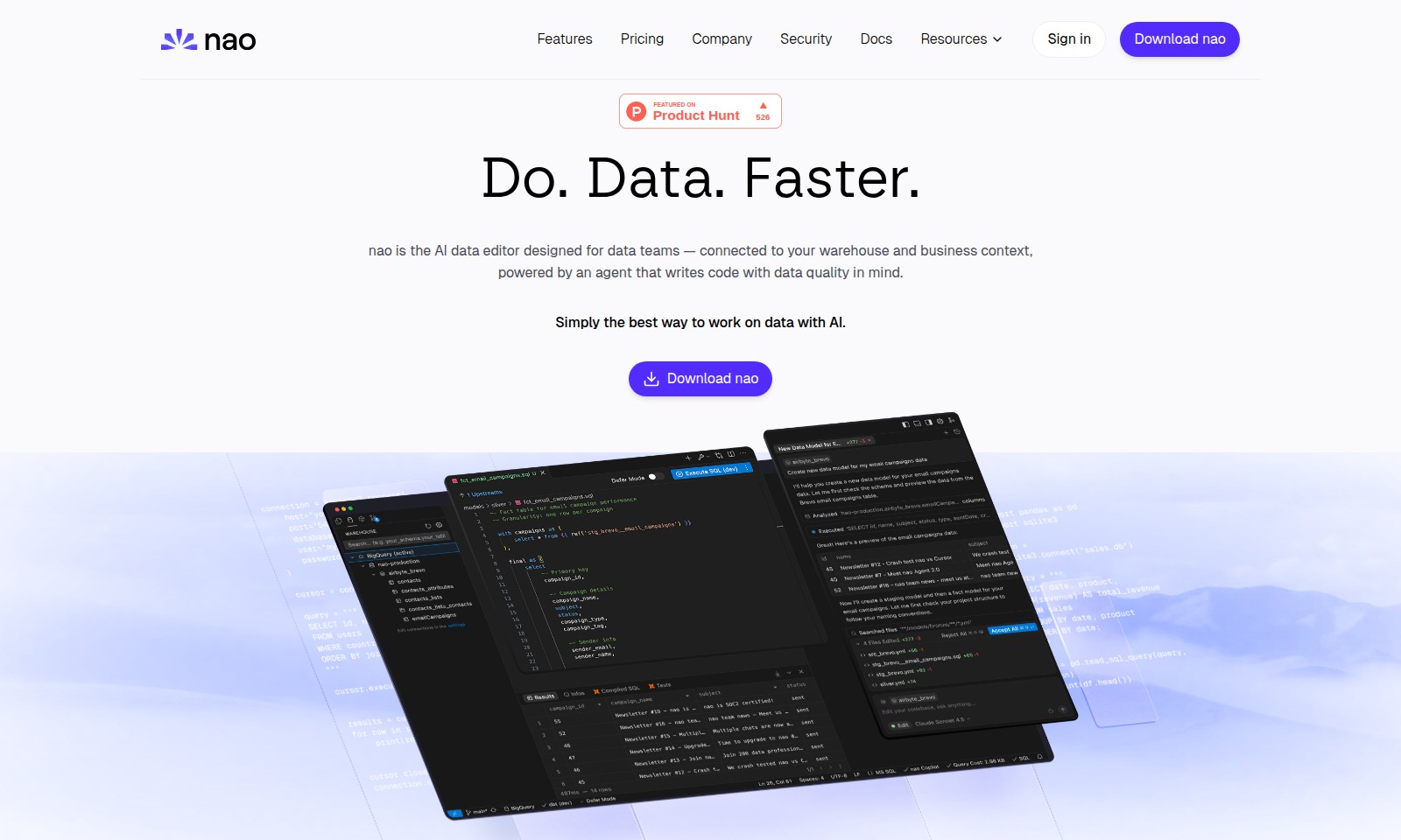 nao nao - naoは、データチーム向けに設計されたAI駆動のデータエディタであり、さまざまなデータウェアハウスと
