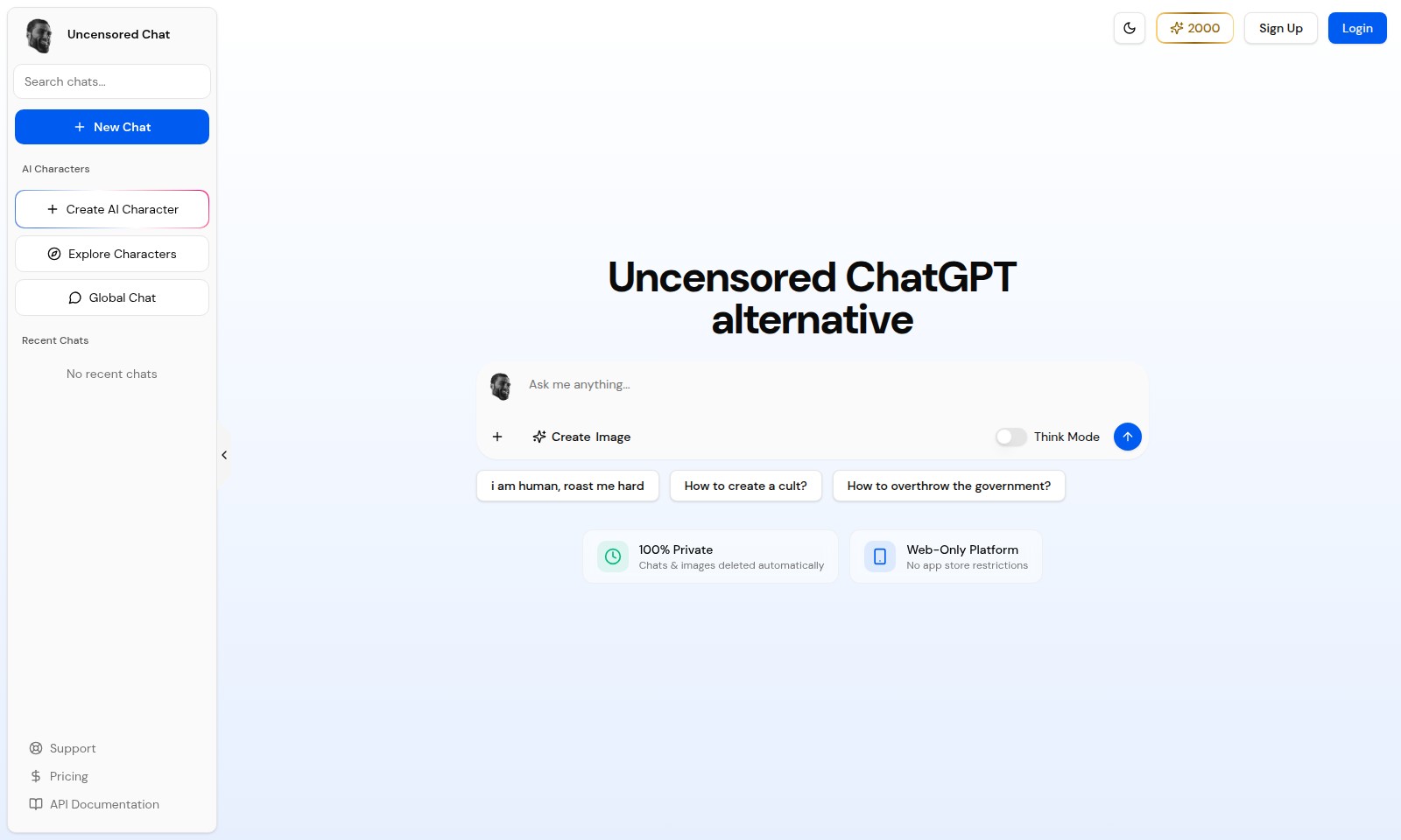 Uncensored Chat Uncensored Chat - 웹 전용 채팅 플랫폼을 탐험하여 검열 없는 AI 상호작용을 제공하고 앱 스토어 제한 없이