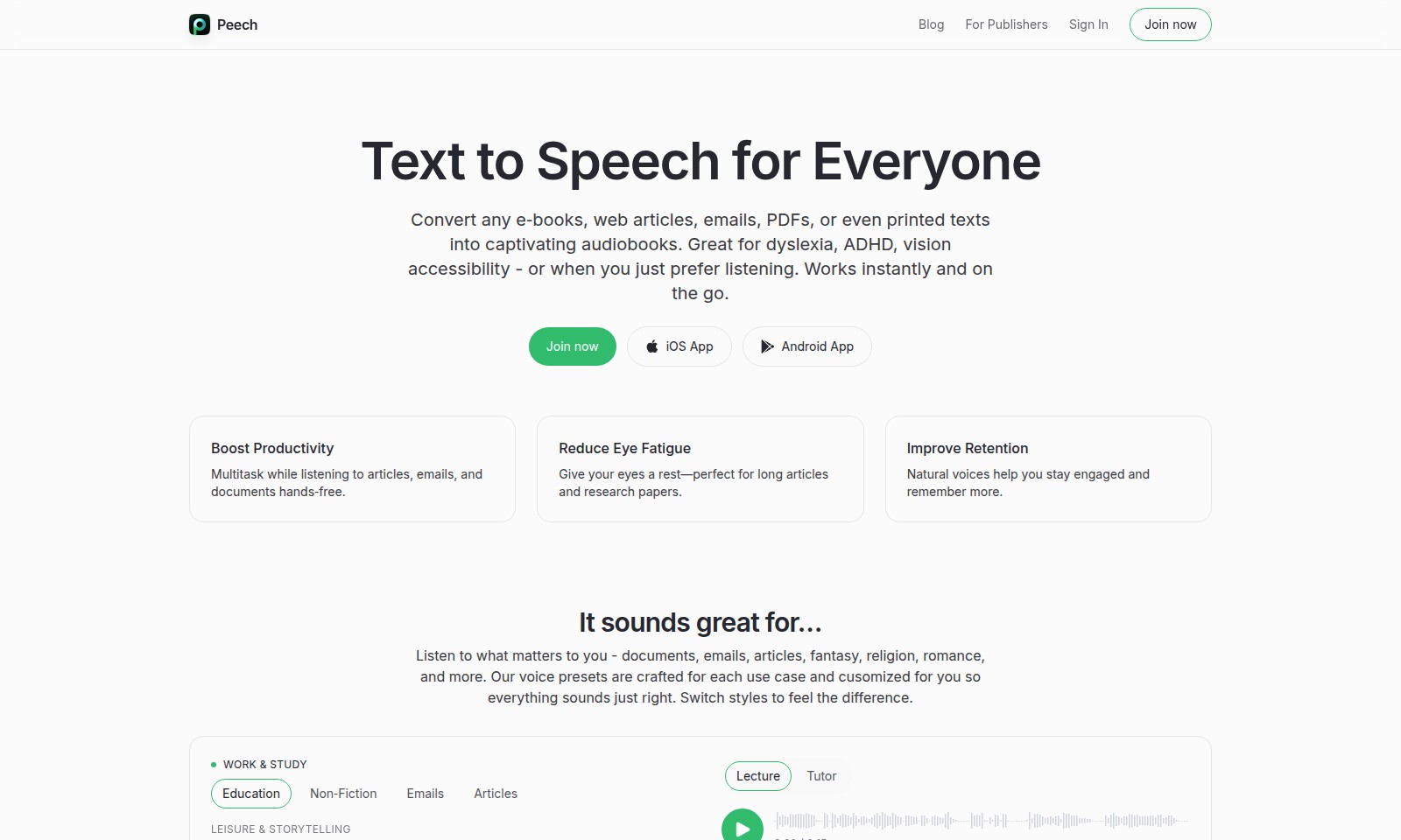 Peech Peech - Peech offre un outil de conversion de texte en par