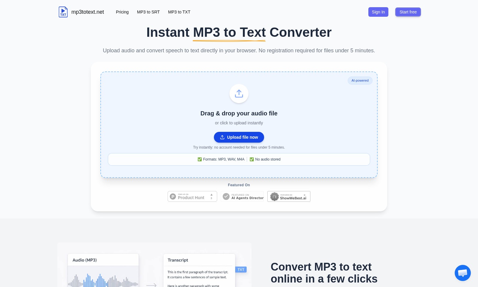 Free MP3 to Text Online Converter Free MP3 to Text Online Converter - mp3totext.net propose un outil de conversion MP3 e