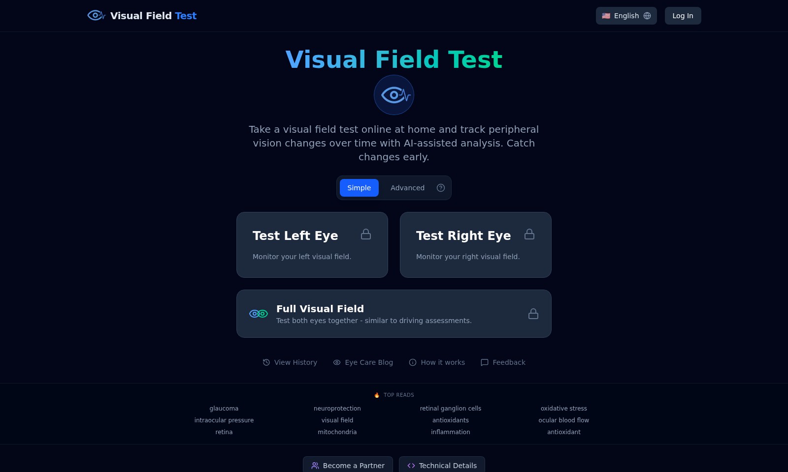 Visual Field Test Visual Field Test - 一個用於評估視野並隨時間跟踪視力變化的在線工具,提供簡單和高級測試模式。