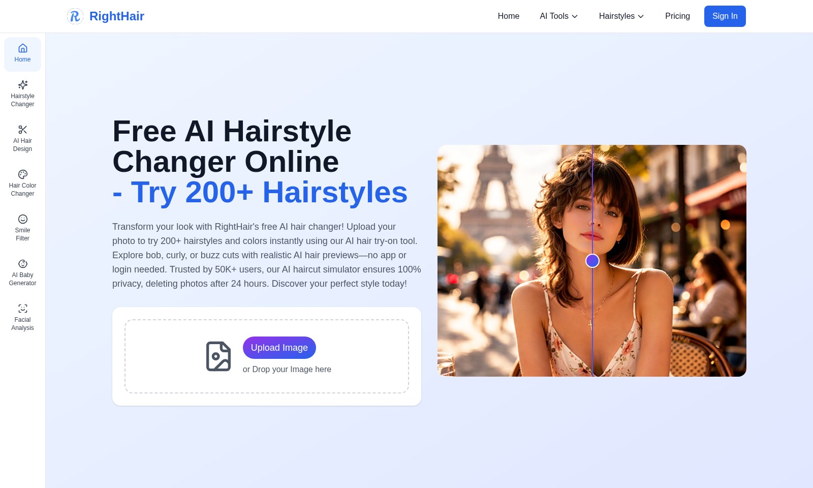 AI Age AI Age - RightHair는 200개 이상의 헤어스타일과 색상을 즉시 체험할 수 있는 무료 AI 도