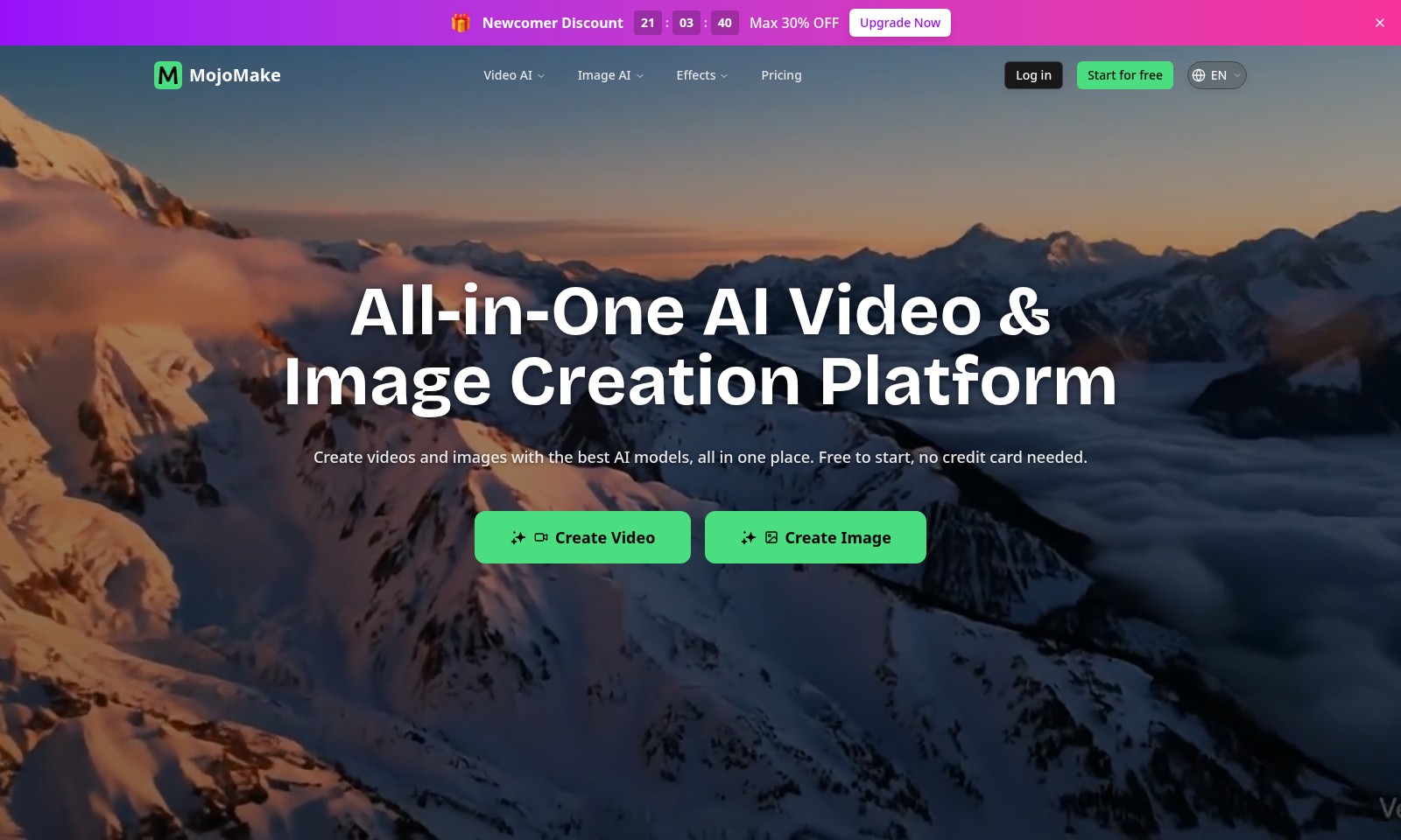 MojoMake MojoMake - MojoMakeは、商業用権利とプロフェッショナル品質を提供する動画および画像制作のための高度なAI