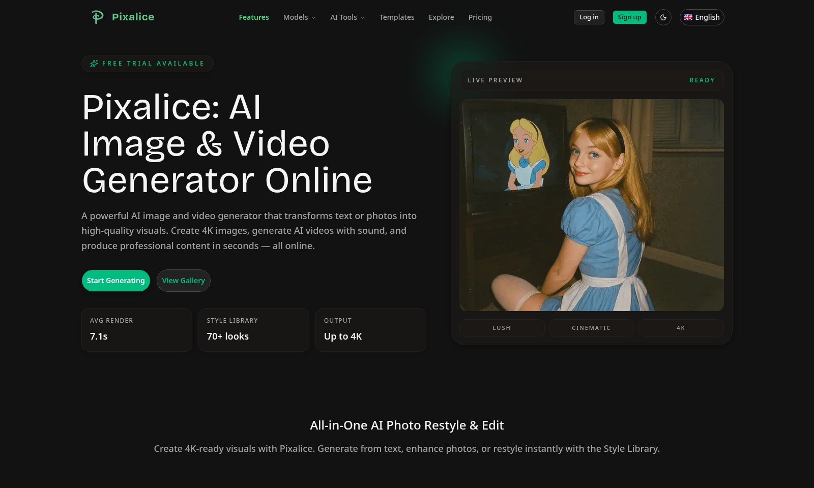Pixalice AI Pixalice AI - Pixalice는 텍스트나 사진에서 고품질 이미지와 비디오를 생성하는 강력한 AI 도구를