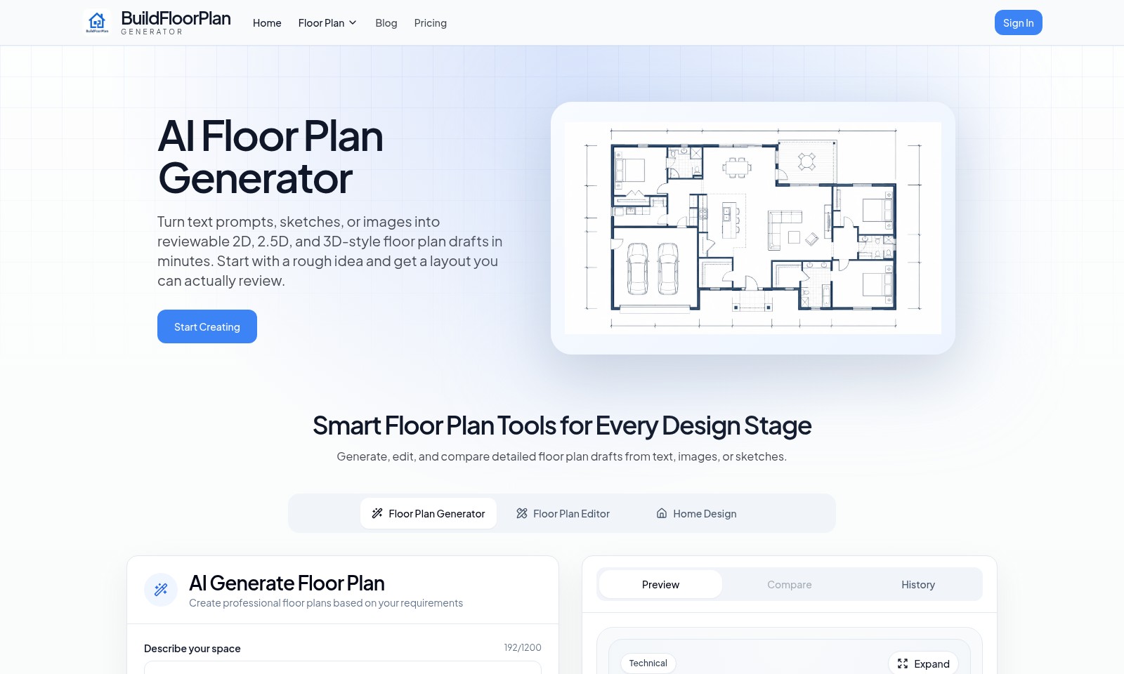 floor plan generator floor plan generator - BuildFloorPlan은 다양한 입력에서 평면도를 생성하고 수정하는 AI 도구로, 초기