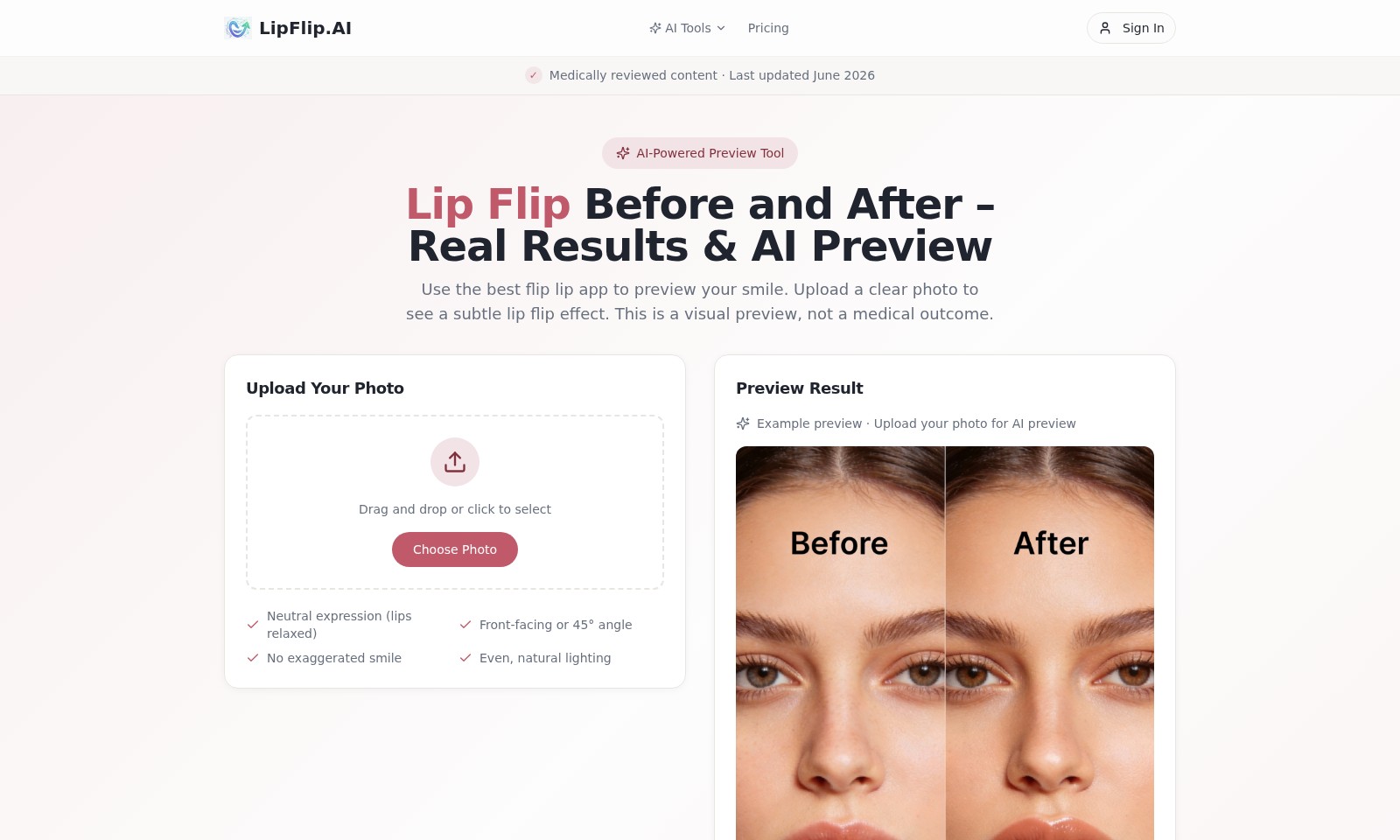 Lip Flip Lip Flip - 우리의 AI 도구를 사용하여 최소한의 다운타임과 자연스러운 결과로 입술 플립이 어떻게 미소