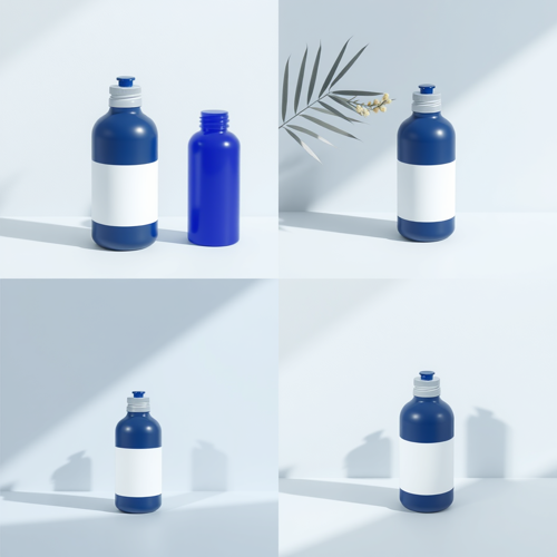 A grid of identical product bottles placed in four different scenes, keeping the same look
