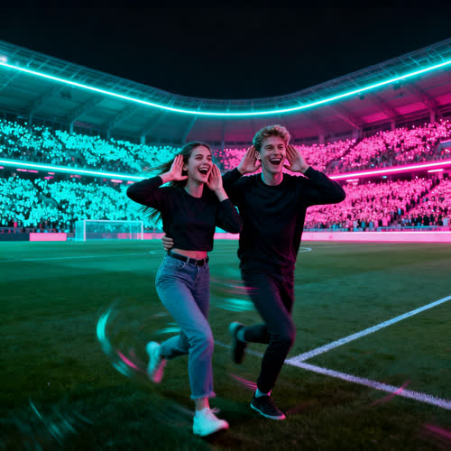 Two friends performing the Enzo Fernandez Celebration together in a neon stadium