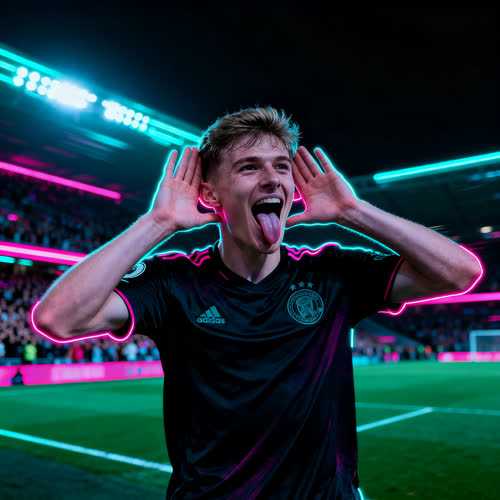 Solo Enzo Fernandez Celebration with hands cupped behind the ears on a stadium touchline