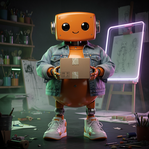 Cute robot mascot with round belly in creative studio