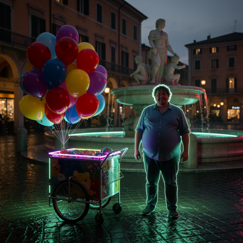 Realistic street performer belly inflation in Italian piazza