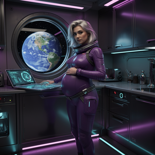 Space station astronaut with rounded belly in futuristic kitchen