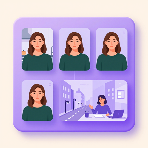 The same character holding the same face across six video frames