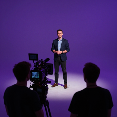 A presenter on a studio set, the take an AI video person swap can recast