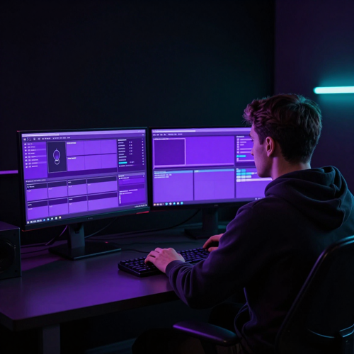Faceless channel operator running several Revid AI dashboards at night
