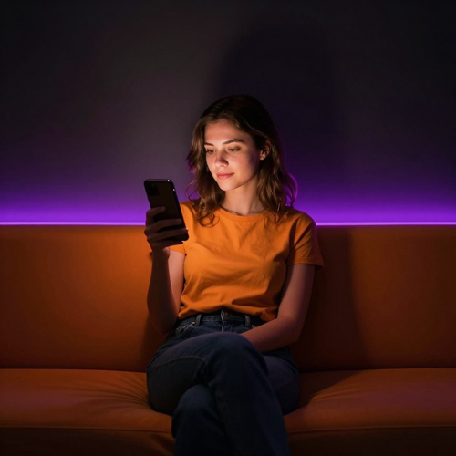 A creator holding a phone at arm's length, orange light from the screen on her face