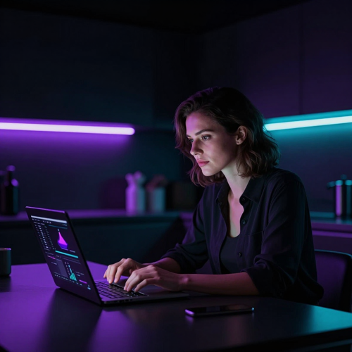 Founder reviewing content metrics on a laptop in a dark room