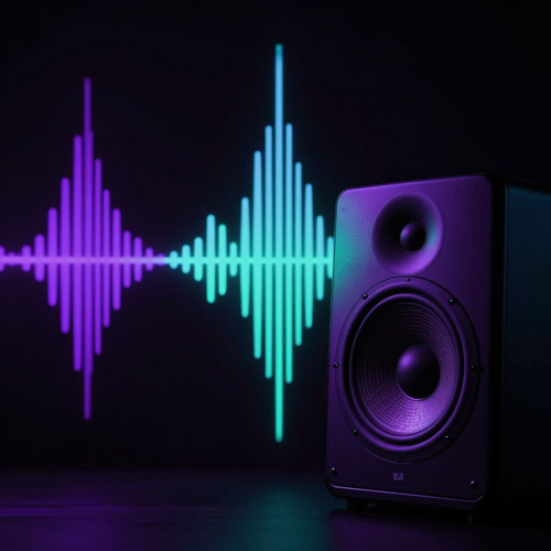Audio waveform visualiser in violet and teal on a near-black background