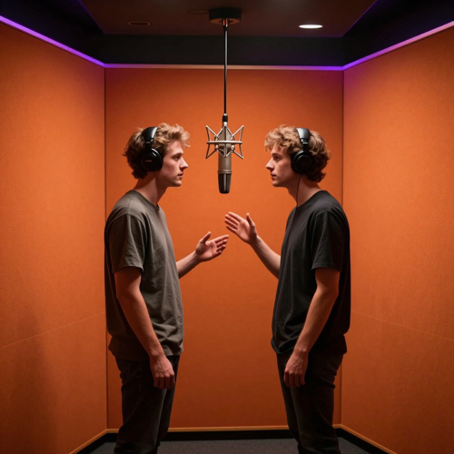 Two performers facing each other over one microphone in an orange recording booth