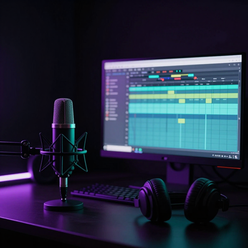 Podcast microphone and audio timeline on a dark studio desk