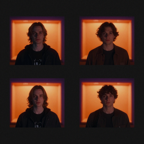 Two separate portrait photographs laid out on a dark desk in front of a small orange booth
