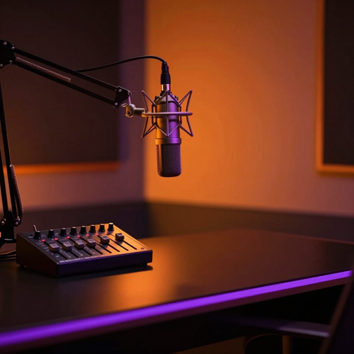 A condenser microphone on a boom arm beside an audio mixer lit by warm orange light