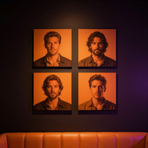 Four separate portrait prints hanging in a grid on a dark studio wall