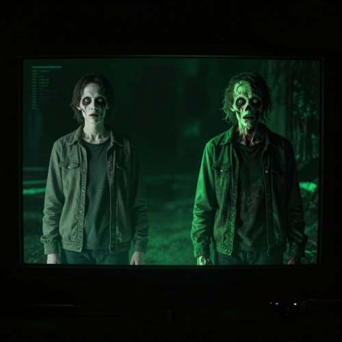 A normal person on the left and the same person as a decaying glowing-eyed zombie on the right, identical pose