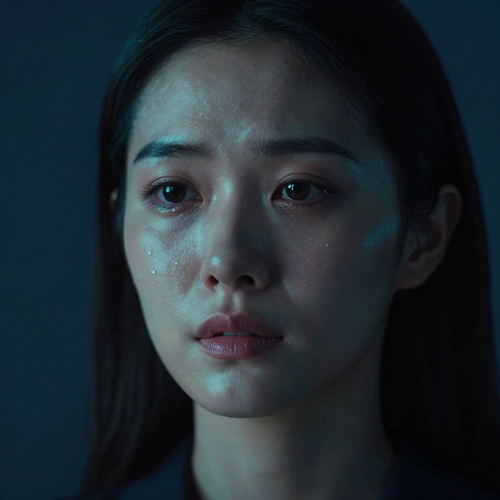 Example still from an AI crying effect video with a tearful expression