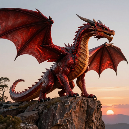 A realistic western red dragon perched on a cliff, generated by the AI dragon generator