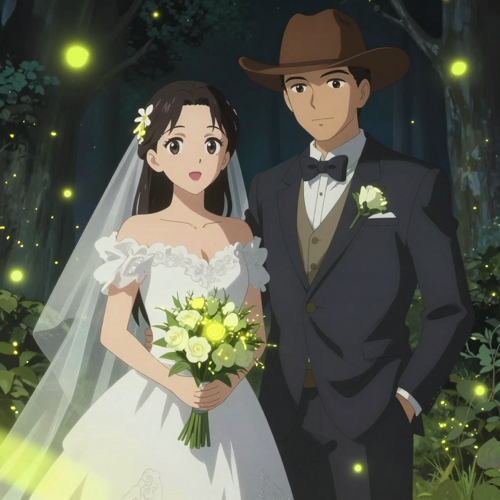 Firefly light and lip sync on an anime wedding couple