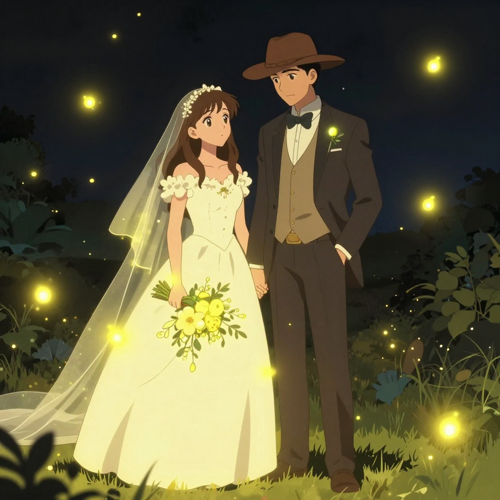 Photo to firefly wedding anime with glowing fireflies