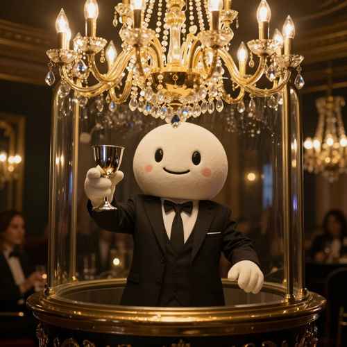 A mascot inside a chandelier party scene holding a silver cup