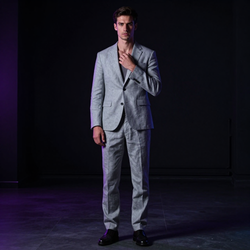 Full outfit replacement using an AI clothes remover showing a model in a different suit