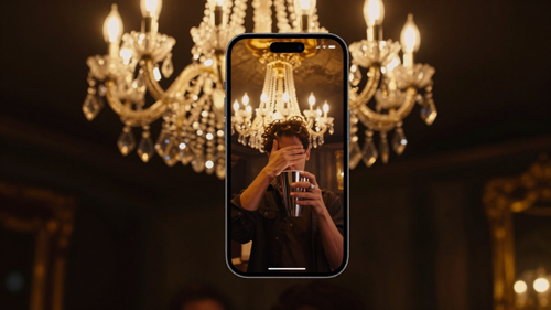 A phone showing a vertical 9:16 chandelier-party clip with share icons